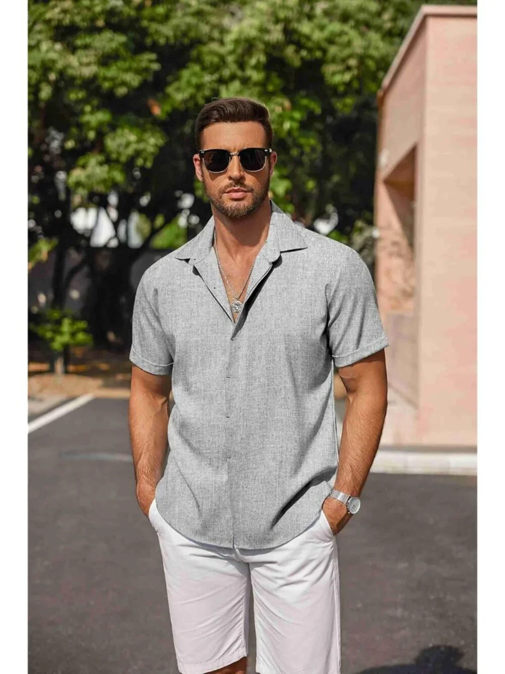 Men's Light Grey Beach Linen Short Sleeve Casual Shirts Button Down